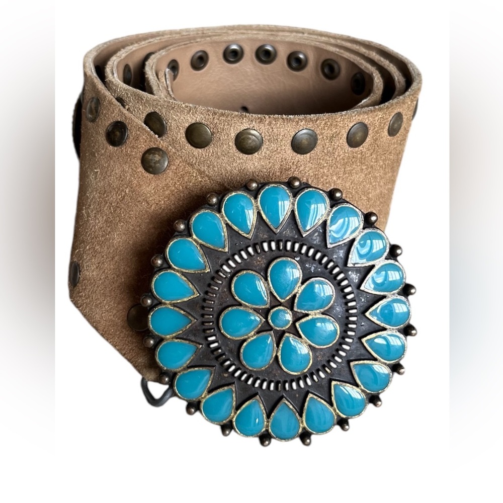 Vintage Bohemian Style Large Real Suede Belt W Enameled Flower Brass Buckle